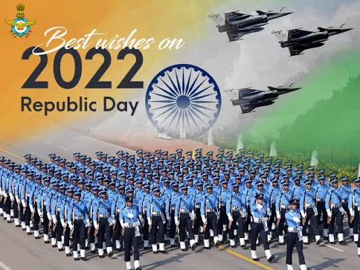 Air force personnel marching in formation in dress uniform on a parade route