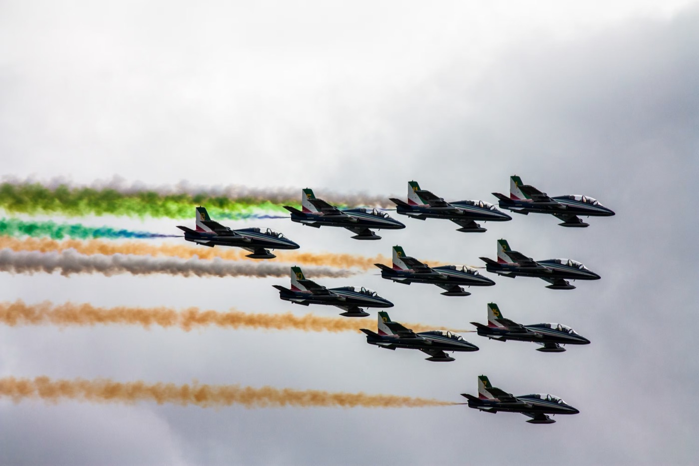 A precise formation of aircraft flying together trailing coloured smoke trails