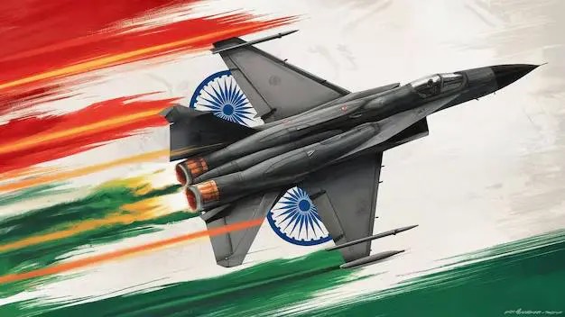 Illustration of a fighter aircraft in flight against saffron, white and green brushstrokes